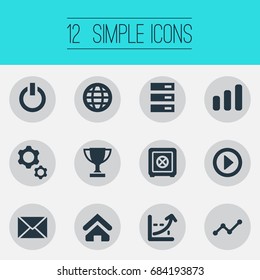 Vector Illustration Set Of Simple Entrepreneurship Icons. Elements Switch Off, Database, House And Other Synonyms House, Strongbox And Champion.