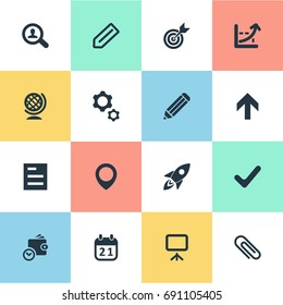 Vector Illustration Set Of Simple Entrepreneurship Icons. Elements Okay, Upward Direction, Process And Other Synonyms Stationary, Pen And Shuttle.