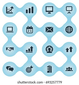 Vector Illustration Set Of Simple Entrepreneurship Icons. Elements Graph, Presentation, Greeting And Other Synonyms Handshake, PC And Desktop.