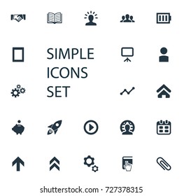 Vector Illustration Set Of Simple Entrepreneurship Icons. Elements Greeting, Global Business, Analytic And Other Synonyms Genius, Index And Gadget.