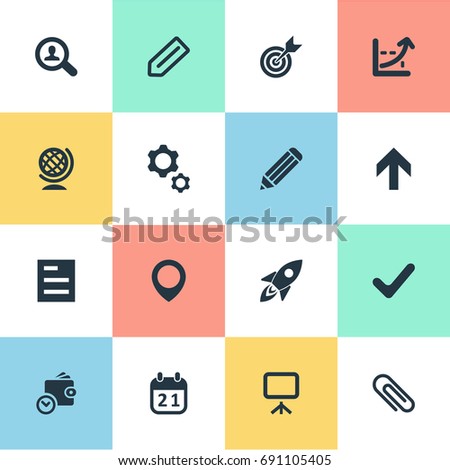 Vector Illustration Set Of Simple Entrepreneurship Icons. Elements Okay, Upward Direction, Process And Other Synonyms Stationary, Pen And Shuttle.