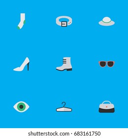 Vector Illustration Set Of Simple Equipment Icons. Elements Clothes Hook, Female Cap, Boot And Other Synonyms Strap, Woman And Footwear.