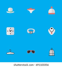 Vector Illustration Set Of Simple Equipment Icons. Elements Clothes Hook, Strap, Time And Other Synonyms Hat, Strap And Fedora.