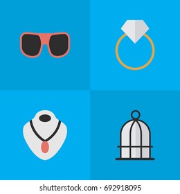 Vector Illustration Set Of Simple Equipment Icons. Elements Jewelry, Engagement, Eye Accessory And Other Synonyms Prison, Ring And Choker.