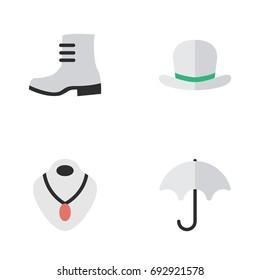 Vector Illustration Set Of Simple Equipment Icons. Elements Boot, Headgear, Parasol And Other Synonyms Umbrella, Shoe And Rain.