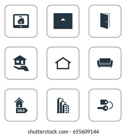 Vector Illustration Set Of Simple Estate Icons. Elements Affordable Investment, Key, Pointer And Other Synonyms Monitor, Sofa And Estate.