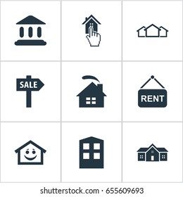 Vector Illustration Set Of Simple Estate Icons. Elements Ancient Temple, Smiley Casa, Eco-Homes And Other Synonyms Houses, Smiley And Carcass.