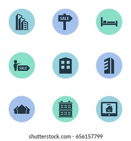 Vector Illustration Set Of Simple Estate Icons. Elements Bed, Promotion, Real Estate Database And Other Synonyms Bed, Monitor And Agent.