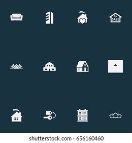 Vector Illustration Set Of Simple Estate Icons. Elements 3 Housings, Key, Building And Other Synonyms Three, Houses And Construction.