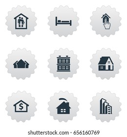 Vector Illustration Set Of Simple Estate Icons. Elements Bed, Property, Residence And Other Synonyms House, Home And Construction.