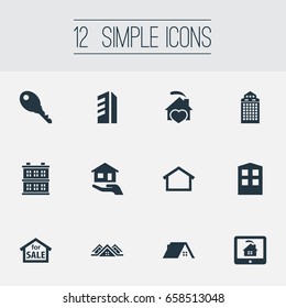 Vector Illustration Set Of Simple Estate Icons. Elements Carcass, Comfort, Hut And Other Synonyms Multistory, Monitor And Sale.