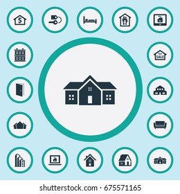 Vector Illustration Set Of Simple Estate Icons. Elements Capital, Residential, Structure And Other Synonyms Hotel, Possession And Sale.