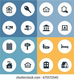 Vector Illustration Set Of Simple Estate Icons. Elements Property, Smiley Casa, Agent And Other Synonyms Hostel, Lock And Architecture.