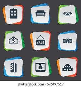 Vector Illustration Set Of Simple Estate Icons. Elements Structure, Advertising, Real Estate Database And Other Synonyms Capital, Domicile And Settee.