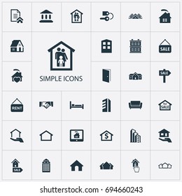 Vector Illustration Set Of Simple Estate Icons. Elements Open Door, Insurance, Property And Other Synonyms Monitor, Advertisement And Sign.