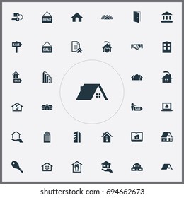 Vector Illustration Set Of Simple Estate Icons. Elements Lock, Real Estate Database, Insurance And Other Synonyms Laptop, Advertising And Broker.