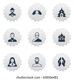 Vector Illustration Set Of Simple Faith Icons. Elements Christian, Catholic, Priestess And Other Synonyms Orison, God And Holy.