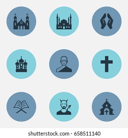 Vector Illustration Set Of Simple Faith Icons. Elements Catholic, Chapel, Devil And Other Synonyms Demon, Koran And Chapel.