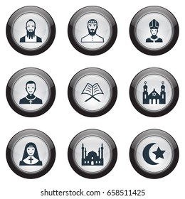 Vector Illustration Set Of Simple Faith Icons. Elements Chapel, Mohammedanism, Temple And Other Synonyms Koran, Jewish And Muslim.