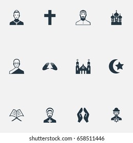 Vector Illustration Set Of Simple Faith Icons. Elements Chaplain, Buddhist, Clergyman And Other Synonyms Blessing, Kohen And Muslim.