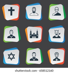 Vector Illustration Set Of Simple Faith Icons. Elements Buddhist, Chaplain, Devil And Other Synonyms Cross, Devil And Clergy.