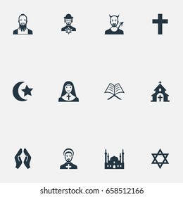 Vector Illustration Set Of Simple Faith Icons. Elements Crucifix, Orison, Christian And Other Synonyms Crucifix, Cross And Sister.