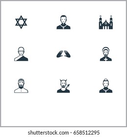 Vector Illustration Set Of Simple Faith Icons. Elements Clergyman, Cleric, Chaplain And Other Synonyms Monk, Holy And Clergy.