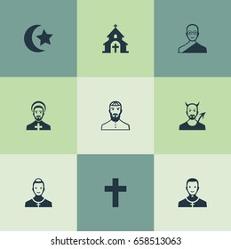 Vector Illustration Set Of Simple Faith Icons. Elements Buddhist, Devil, Christian And Other Synonyms Bald, Monk And Priest.