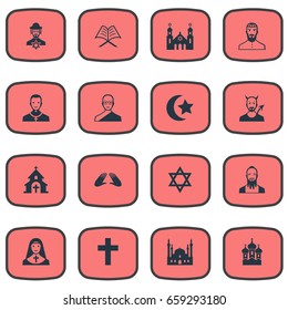 Vector Illustration Set Of Simple Faith Icons. Elements Buddhist, Mohammedanism, Priestess And Other Synonyms Invocation, Taoism And Taoist.