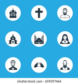 Vector Illustration Set Of Simple Faith Icons. Elements Chaplain, Christian, Taoism And Other Synonyms Priest, Blessing And Sister. Vector Illustration Set Of Simple Faith Icons. Elements Chaplain, Christian, Taoism And Other Synonyms Priest, Blessing And Sister.