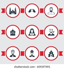 Vector Illustration Set Of Simple Faith Icons. Elements Christian, Priestess, Devil And Other Synonyms Temple, Devil And Pontiff.