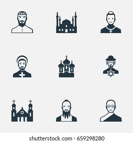 Vector Illustration Set Of Simple Faith Icons. Elements Catholic, Temple, Taoism And Other Synonyms Mosque, Cardinal And Buddhist.