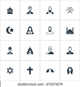 Vector Illustration Set Of Simple Faith Icons. Elements Orison, Christian, Jewish Clergy And Other Synonyms Pontiff, Sister And Orison.