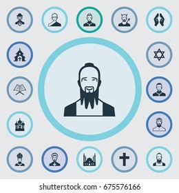 Vector Illustration Set Of Simple Faith Icons. Elements Catholic, Cleric, Chapel And Other Synonyms Crucifix, Demon And Jewish.