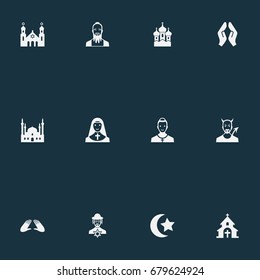 Vector Illustration Set Of Simple Faith Icons. Elements Mohammedanism, Orison, Taoism And Other Synonyms Lucifer, Invocation And Church.