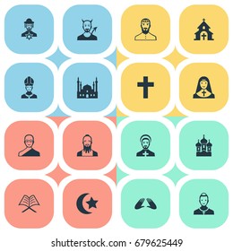 Vector Illustration Set Of Simple Faith Icons. Elements Chaplain, Chapel, Jewish Clergy And Other Synonyms Man, Crucifix And Priestess.