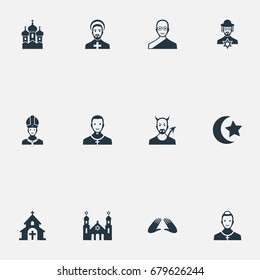Vector Illustration Set Of Simple Faith Icons. Elements Temple, Catholic, Pater And Other Synonyms Judaic, Mohammedanism And Temple.