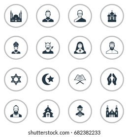 Vector Illustration Set Of Simple Faith Icons. Elements Catholic, Pontiff, Clergyman And Other Synonyms Judaic, Synagogue And Mosque.