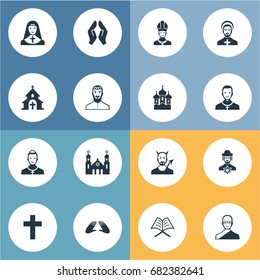 Vector Illustration Set Of Simple Faith Icons. Elements Catholic, Christian, Pater And Other Synonyms Bald, Pope And Orison.