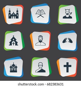 Vector Illustration Set Of Simple Faith Icons. Elements Orison, Temple, Catholic And Other Synonyms Church, Jewish And Synagogue.