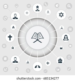 Vector Illustration Set Of Simple Faith Icons. Elements Chapel, Orison, Muslim And Other Synonyms Taoist, Church And Lucifer.