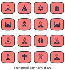Vector Illustration Set Of Simple Faith Icons. Elements Jewish Clergy, Crucifix, Chaplain And Other Synonyms Islam, Muslim And Holy.