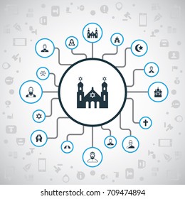 Vector Illustration Set Of Simple Faith Icons. Elements Taoism, Orison, Christian And Other Synonyms Islam, Bald And Synagogue.