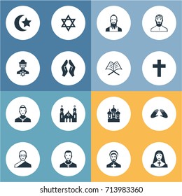 Vector Illustration Set Of Simple Faith Icons. Elements Pater, Mohammedanism, David Star And Other Synonyms Synagogue, Chaplain And Taoist.