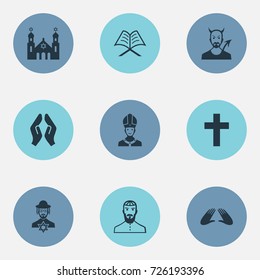 Vector Illustration Set Of Simple Faith Icons. Elements Pontiff, Devil, Temple And Other Synonyms Pater, Praying And God.
