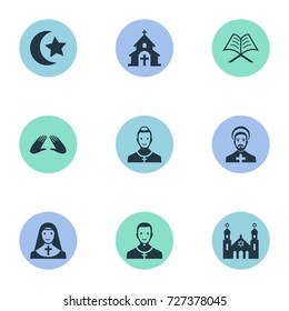 Vector Illustration Set Of Simple Faith Icons. Elements Muslim, Chaplain, Clergyman And Other Synonyms Reverend, Islam And Christian.