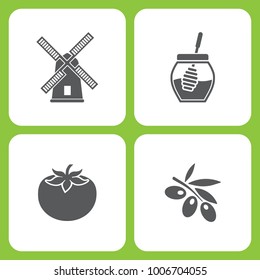 Vector Illustration Set Of Simple Farm and Garden Icons. Elements Mill, Honey, Tomato, Olives  on white background