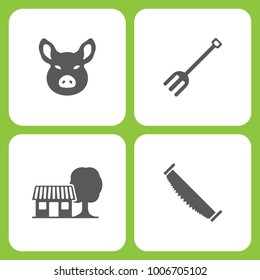 Vector Illustration Set Of Simple Farm and Garden Icons. Elements Pig head, garden tools, Farm house, two man saw on white background