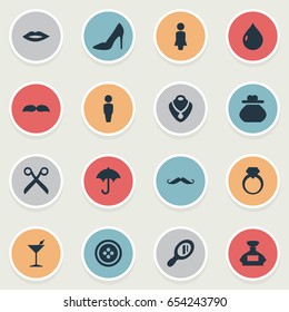 Vector Illustration Set Of Simple Fashion Icons. Elements Whisker, Change Wallet, Jewel And Other Synonyms Diamond, Hairdresser And Parasol.