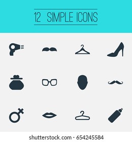 Vector Illustration Set Of Simple Fashion Icons. Elements Change Wallet, Mustaches, Kiss And Other Synonyms Whisker, Clothing And Hair.